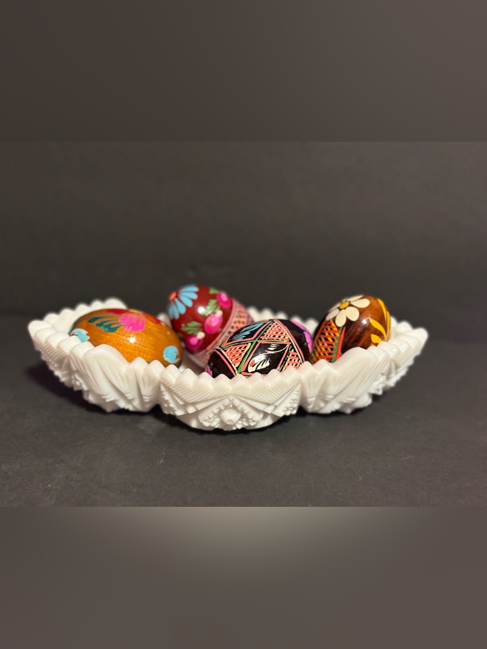 Pisanki Hand Painted Wooden 4 ~Vibrant Eggs w Vintage White Milk Glass Dish
